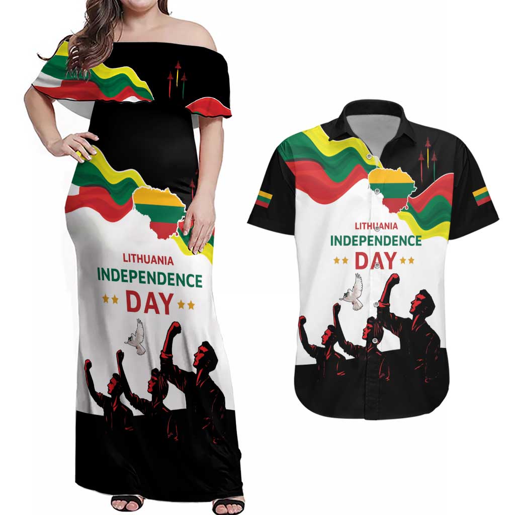 Lithuania Independence Day Couples Matching Off Shoulder Maxi Dress and Hawaiian Shirt 16th February