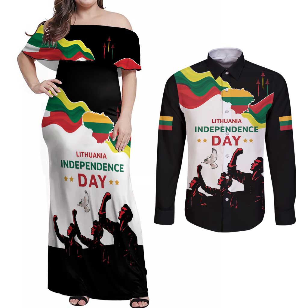 Lithuania Independence Day Couples Matching Off Shoulder Maxi Dress and Long Sleeve Button Shirt 16th February