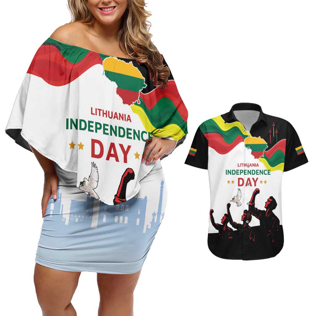 Lithuania Independence Day Couples Matching Off Shoulder Short Dress and Hawaiian Shirt 16th February