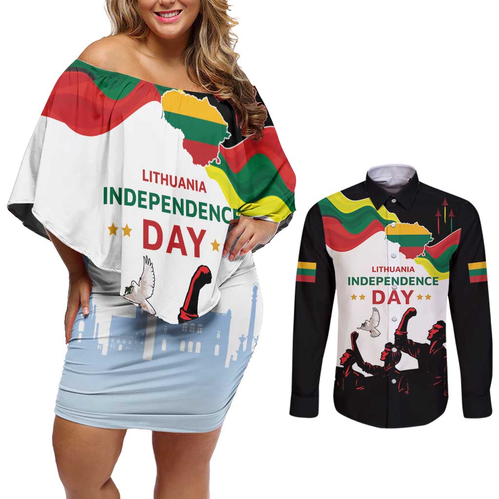 Lithuania Independence Day Couples Matching Off Shoulder Short Dress and Long Sleeve Button Shirt 16th February