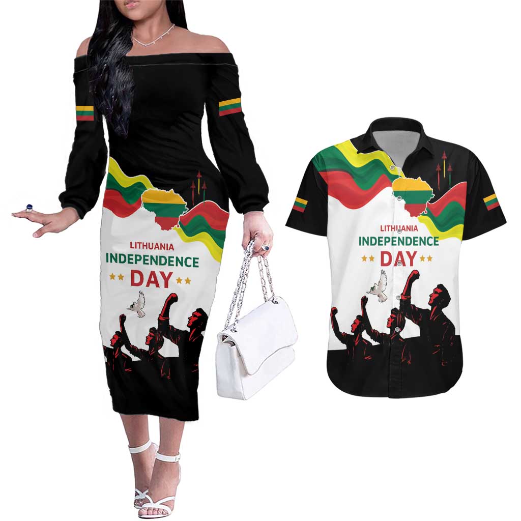 Lithuania Independence Day Couples Matching Off The Shoulder Long Sleeve Dress and Hawaiian Shirt 16th February