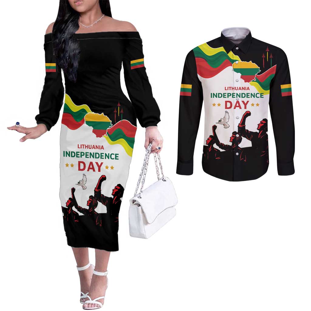 Lithuania Independence Day Couples Matching Off The Shoulder Long Sleeve Dress and Long Sleeve Button Shirt 16th February