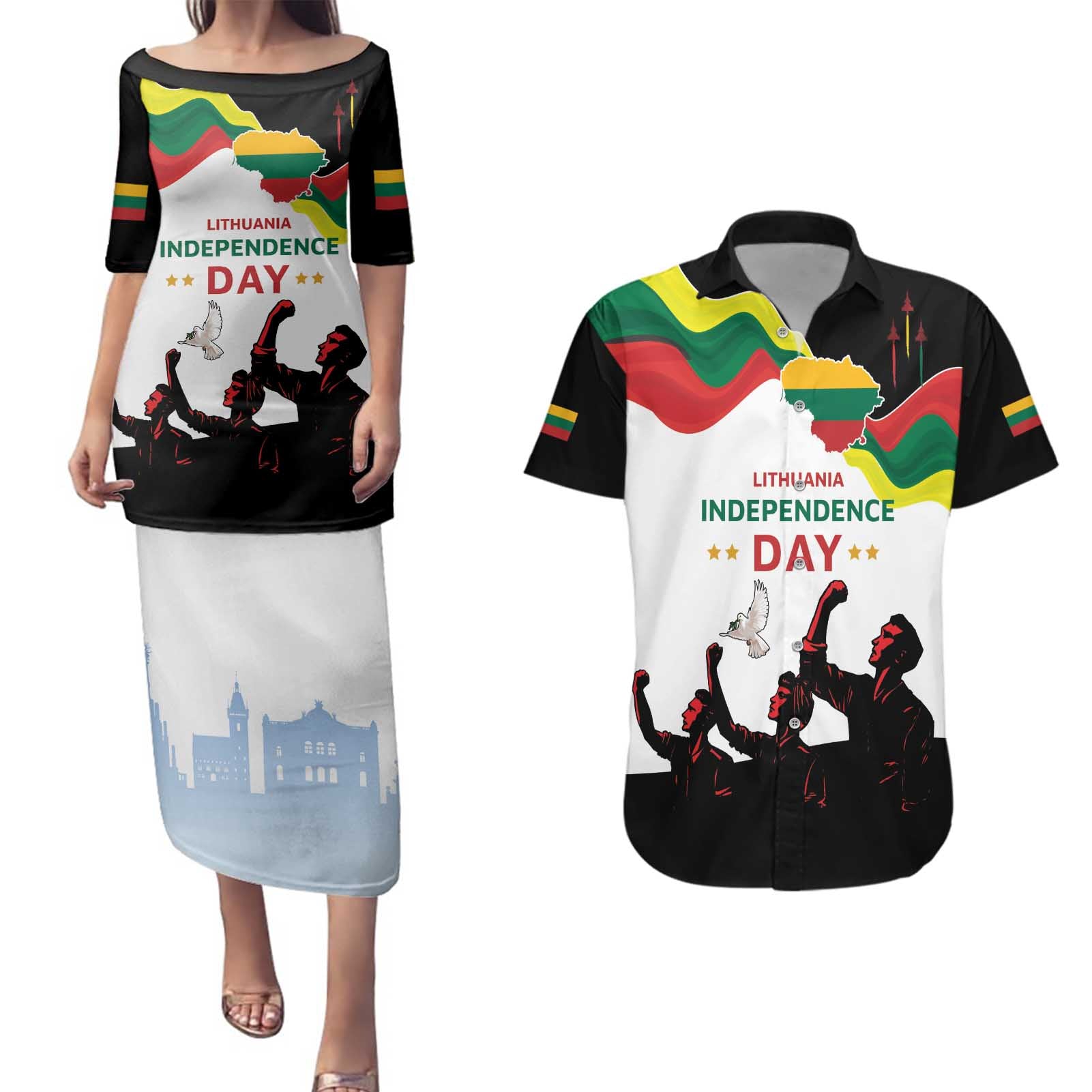 Lithuania Independence Day Couples Matching Puletasi and Hawaiian Shirt 16th February