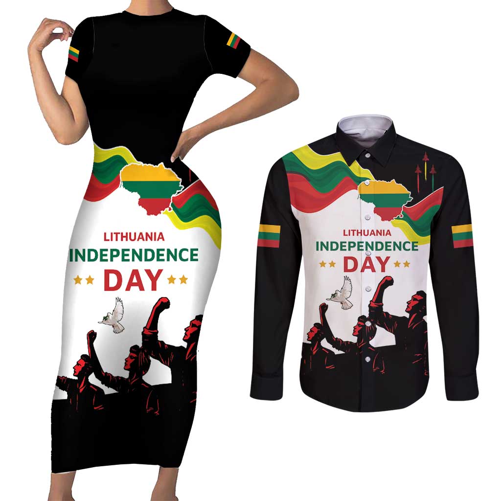 Lithuania Independence Day Couples Matching Short Sleeve Bodycon Dress and Long Sleeve Button Shirt 16th February