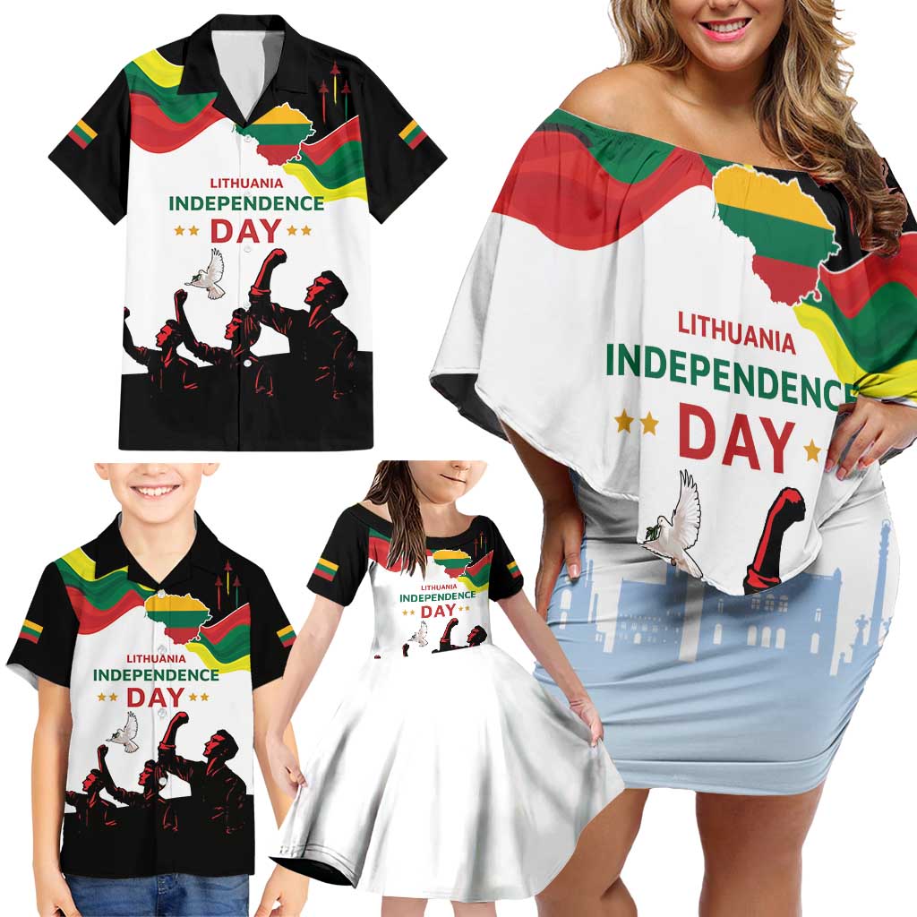 Lithuania Independence Day Family Matching Off Shoulder Short Dress and Hawaiian Shirt 16th February