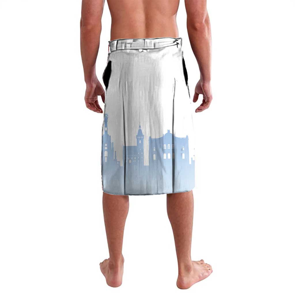 Lavalava wrap skirt in white with blue skyline graphic and stitched edge