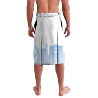 Lavalava wrap skirt in white with blue skyline graphic and stitched edge