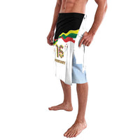 Lavalava wrap skirt in white with multicolor crest, flag, and blue skyline print