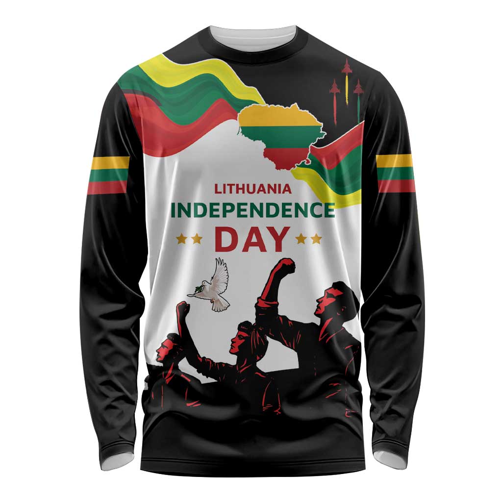 Black long-sleeve graphic shirt with Independence Day print and flag-themed artwork