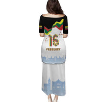Long dress with black back panel, February text, and light blue skyline hem skirt