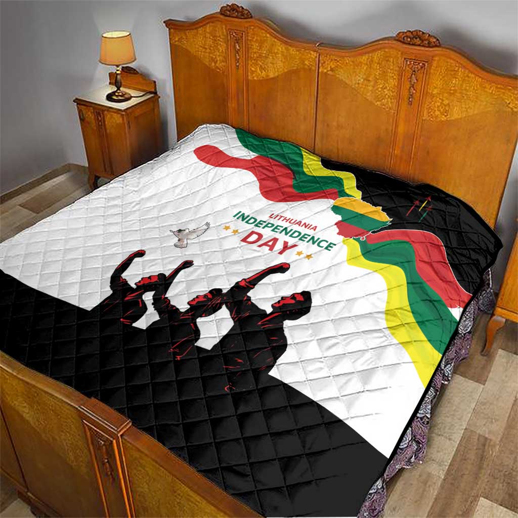 Lithuania Independence Day quilt on a bed with Lithuanian flag map design and red “Independence Day”