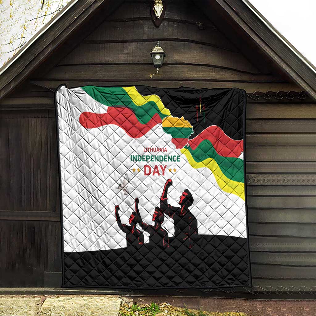 Lithuania Independence Day quilt hanging under a roof with Lithuanian flag map and black bottom