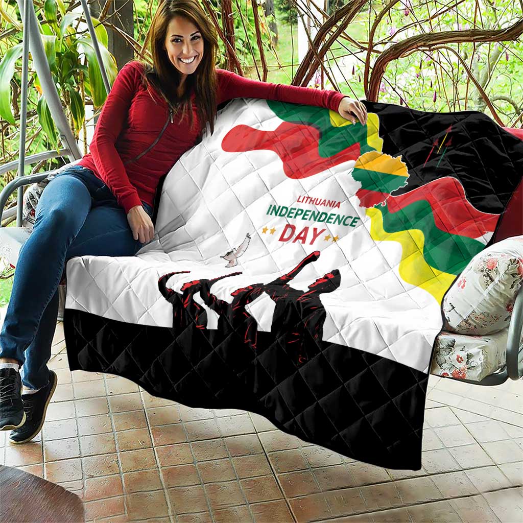 Lithuania Independence Day quilt held on a patio, showing Lithuanian map flag and “Independence Day”
