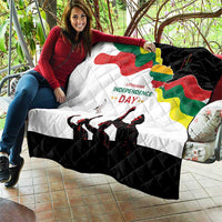 Lithuania Independence Day quilt held on a patio, showing Lithuanian map flag and “Independence Day”