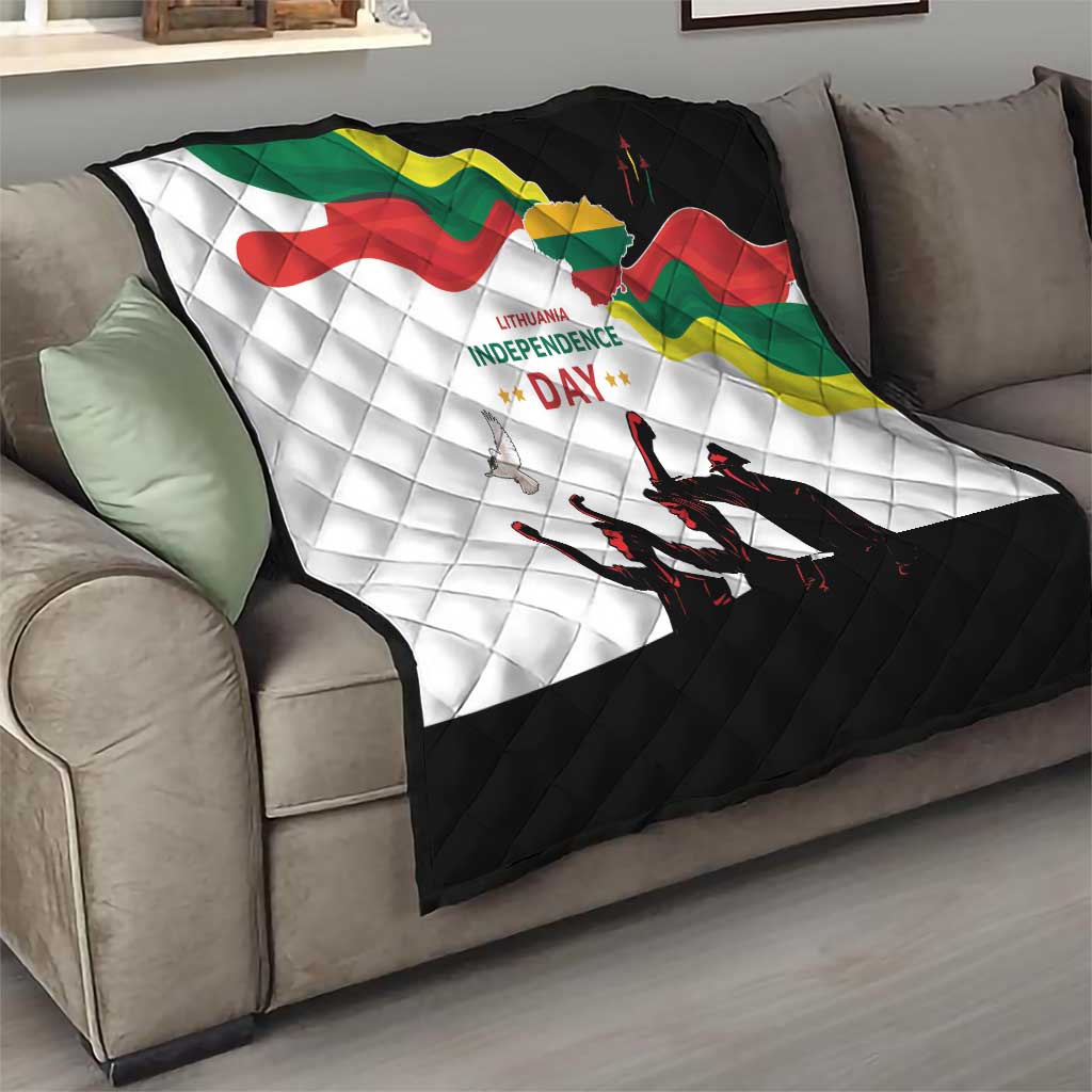 Lithuania Independence Day quilt on a sofa with Lithuanian map flag design and quilted black panel