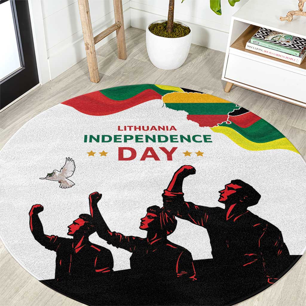 Round Independence Day carpet, white with Lithuania map and marching silhouettes