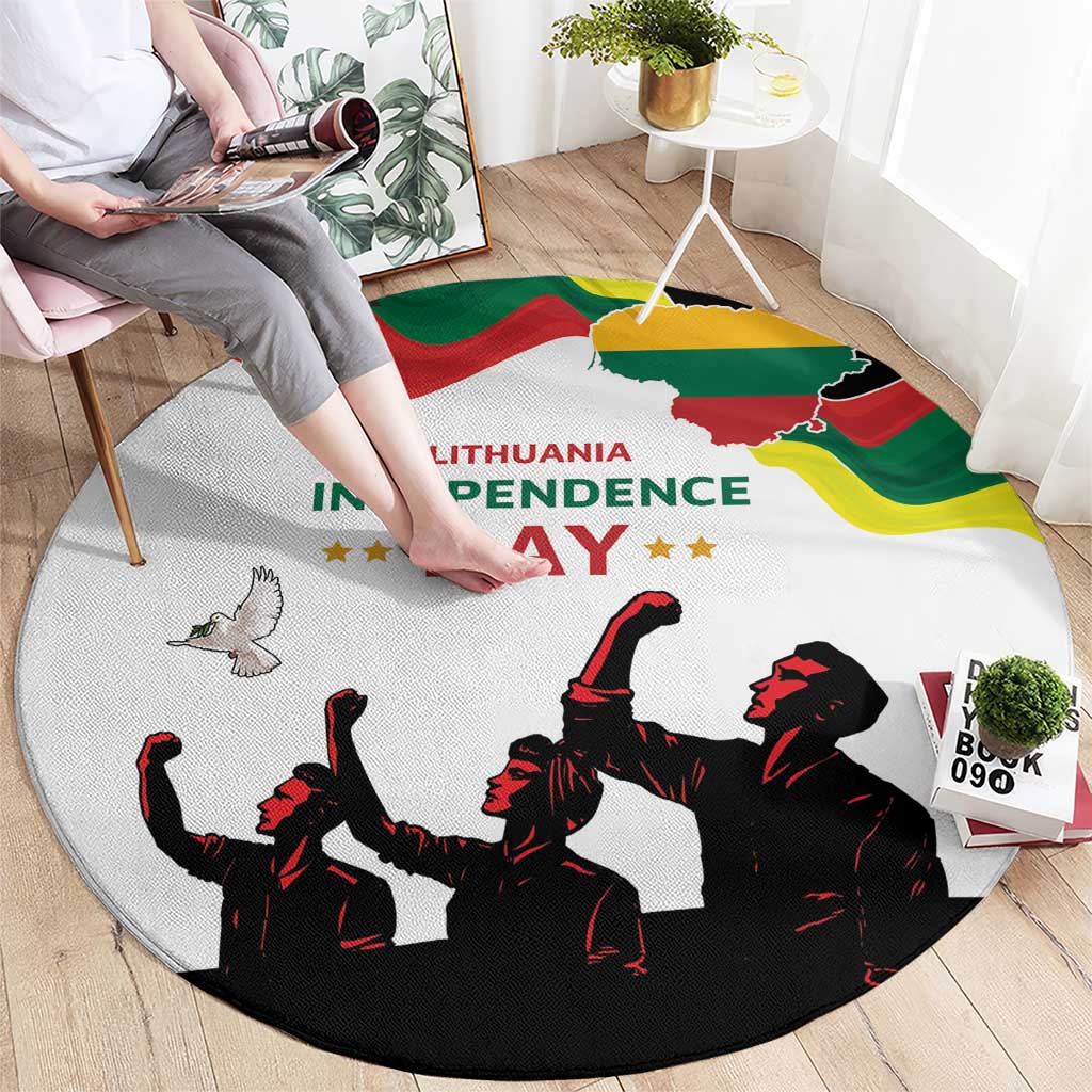 Round Independence Day carpet, white with Lithuania lettering and red-black silhouettes