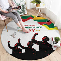 Round Independence Day carpet, white with Lithuania lettering and red-black silhouettes