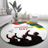 Round Independence Day carpet, white with Lithuania map and flag colors under crowd graphic