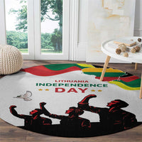 Round Independence Day carpet, white with Lithuania map, Independence Day text, and armed figures