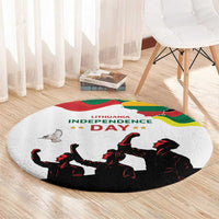 Round Independence Day carpet, white with Lithuania map, stars border, and black-red crowd