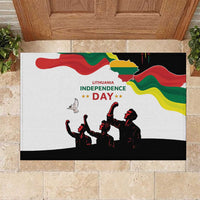 Rubber doormat with Lithuania Independence Day text, colorful flag wave, and dancer silhouettes