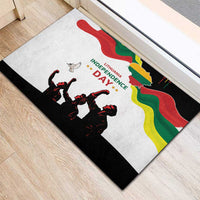 Rubber doormat showing Lithuania Independence Day and colorful flag waves with silhouetted figures