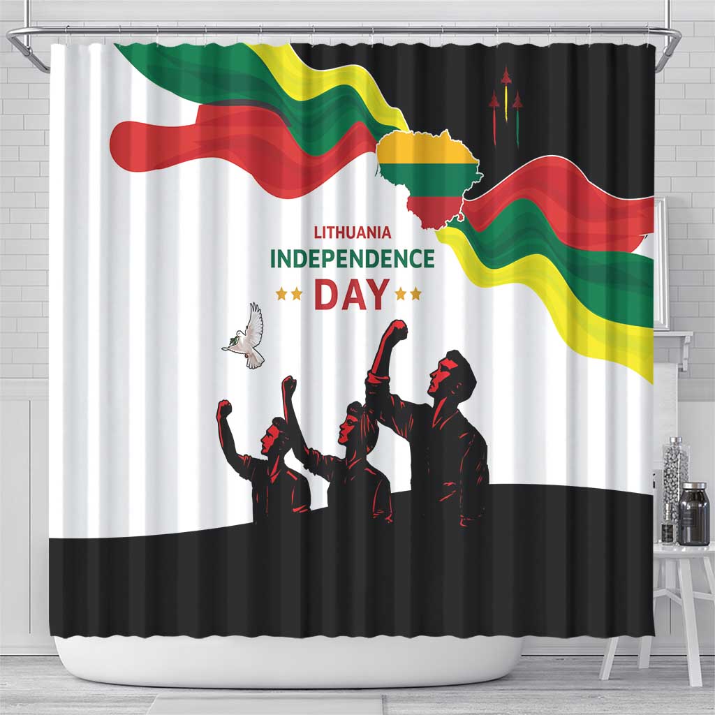 White shower curtain with Lithuania flag print, Independence Day lettering, black silhouette crowd