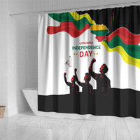 White and black shower curtain with Lithuania flag, Independence Day text, figure silhouettes