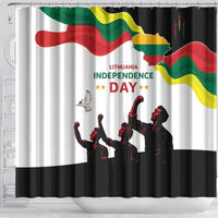 White shower curtain with Lithuania flag colors, Independence Day text, dark crowd silhouettes