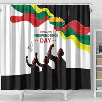 White shower curtain panel with Lithuania flag graphics and Independence Day lettering, silhouettes