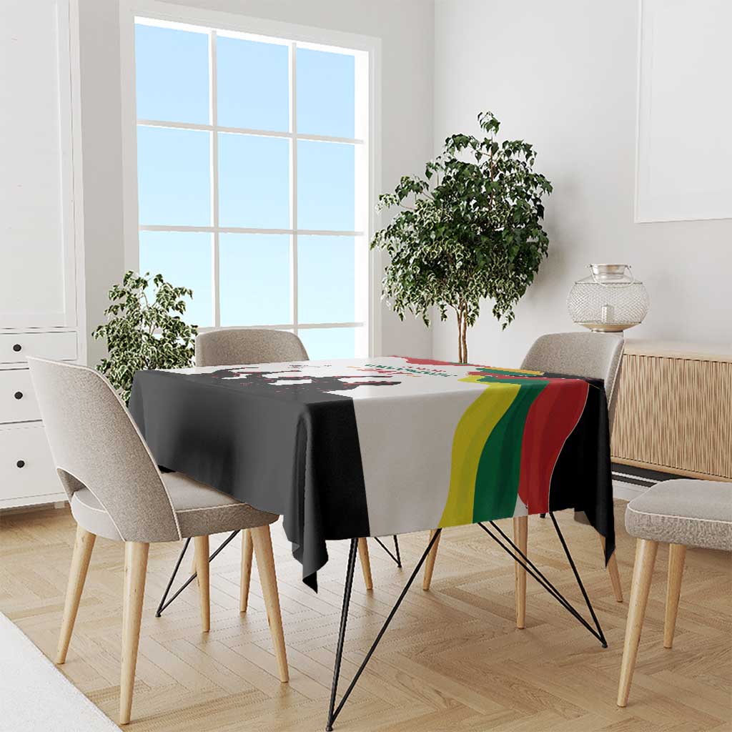 Black-and-white Independence Day tablecloth with multicolor flag stripe detail