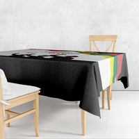 Independence Day tablecloth corner view, black base with multicolor flag wave trim