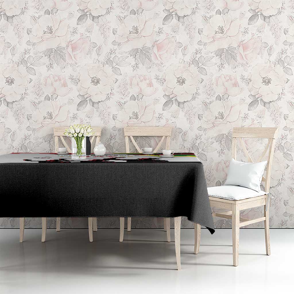Independence Day tablecloth on dining table, black fabric with Lithuania and flag motif