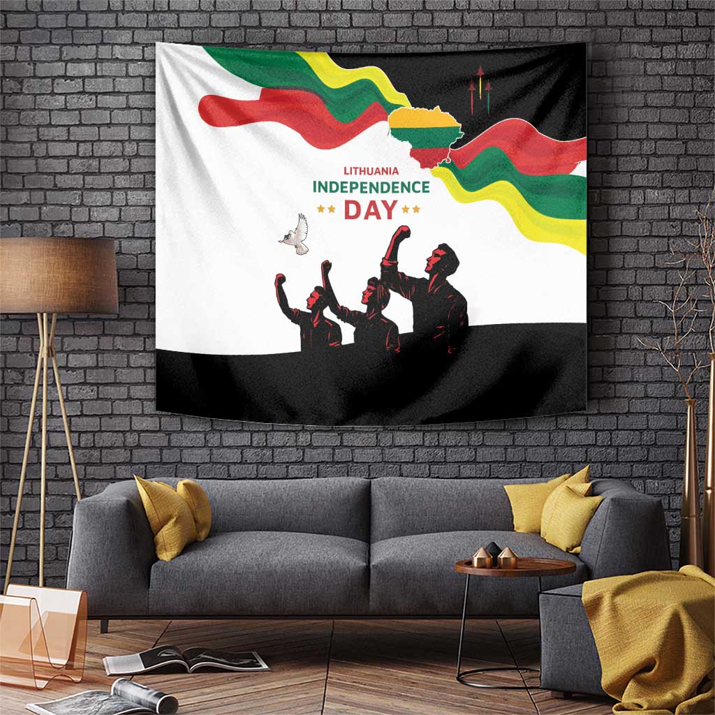 Lithuania Independence Day tapestry with tricolor waves, crowd silhouettes, and “DAY” text