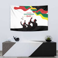 Lithuania Independence Day tapestry with tricolor map graphic, crowd silhouette, and “DAY” stars