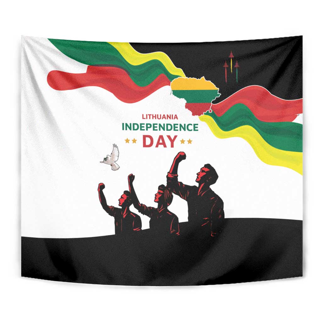 Lithuania Independence Day tapestry close view with tricolor waves, map, crowd silhouettes, and text