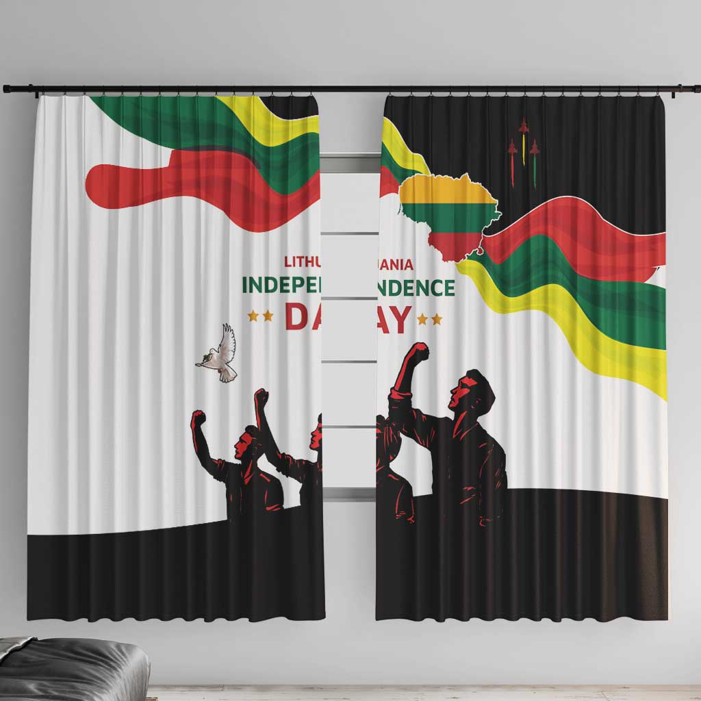 Window curtain pair with Lithuania Independence Day print, white and black panels, flag design.