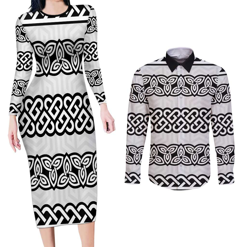 Ireland Celtic Pattern Couples Matching Long Sleeve Bodycon Dress and Long Sleeve Button Shirt Celtic Knot