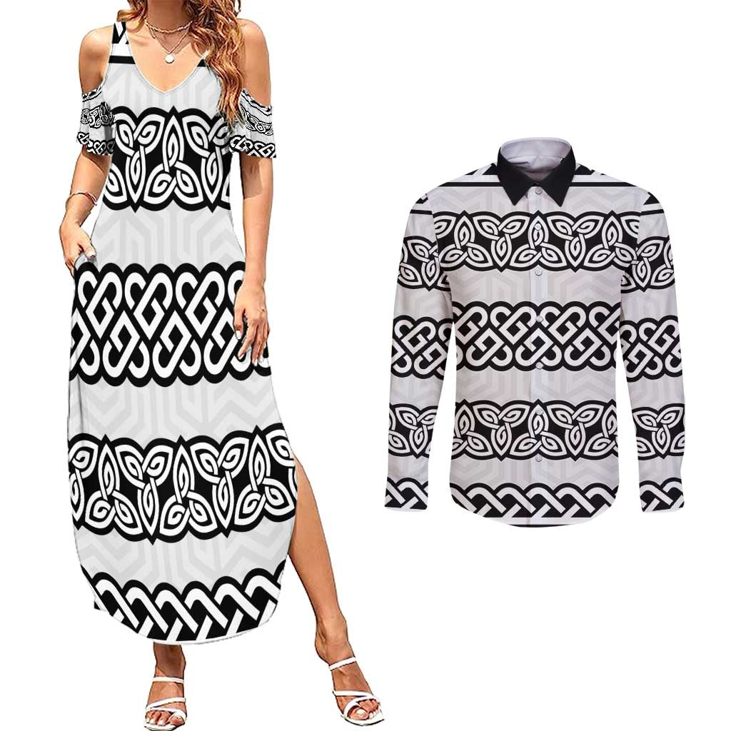 Ireland Celtic Pattern Couples Matching Summer Maxi Dress and Long Sleeve Button Shirt Celtic Knot