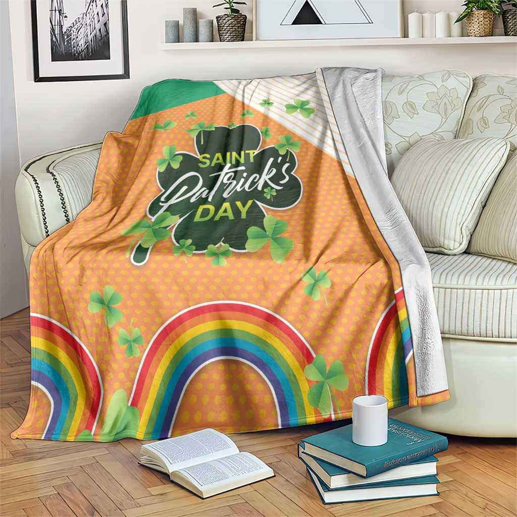 Orange Saint Patrick's Day throw blanket with rainbow and green shamrock text panel