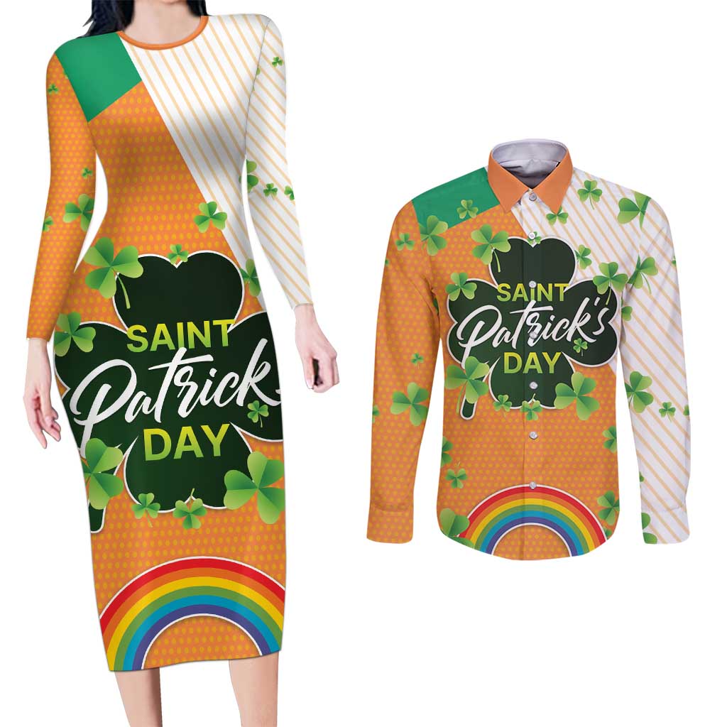 Ireland Irish Leprechaun with Shamrock Couples Matching Long Sleeve Bodycon Dress and Long Sleeve Button Shirt Ireland 17th March Saint Patrick's Day