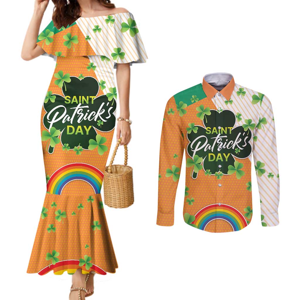 Ireland Irish Leprechaun with Shamrock Couples Matching Mermaid Dress and Long Sleeve Button Shirt Ireland 17th March Saint Patrick's Day