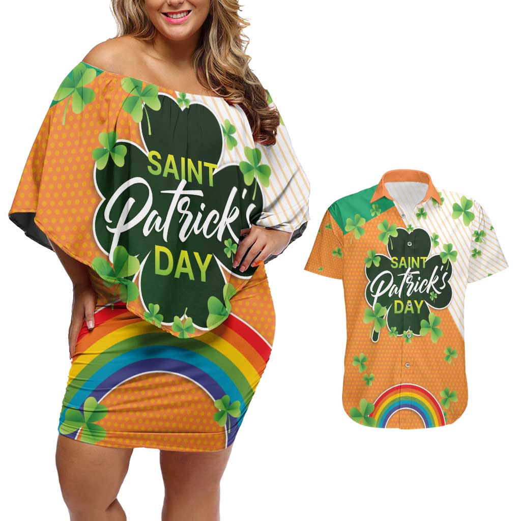 Ireland Irish Leprechaun with Shamrock Couples Matching Off Shoulder Short Dress and Hawaiian Shirt Ireland 17th March Saint Patrick's Day