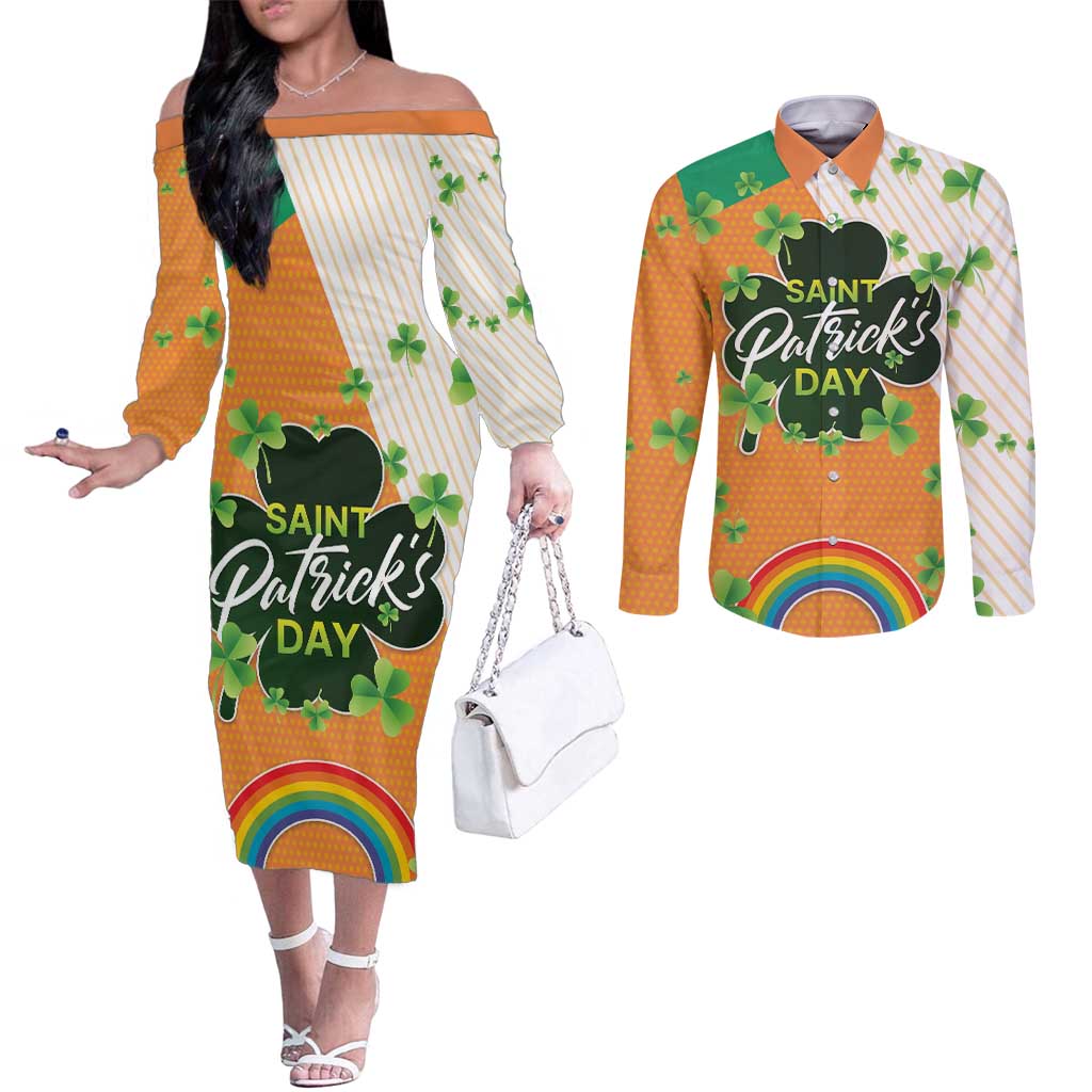 Ireland Irish Leprechaun with Shamrock Couples Matching Off The Shoulder Long Sleeve Dress and Long Sleeve Button Shirt Ireland 17th March Saint Patrick's Day