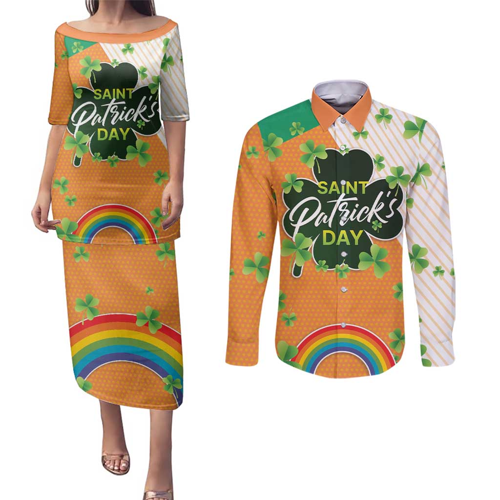 Ireland Irish Leprechaun with Shamrock Couples Matching Puletasi and Long Sleeve Button Shirt Ireland 17th March Saint Patrick's Day