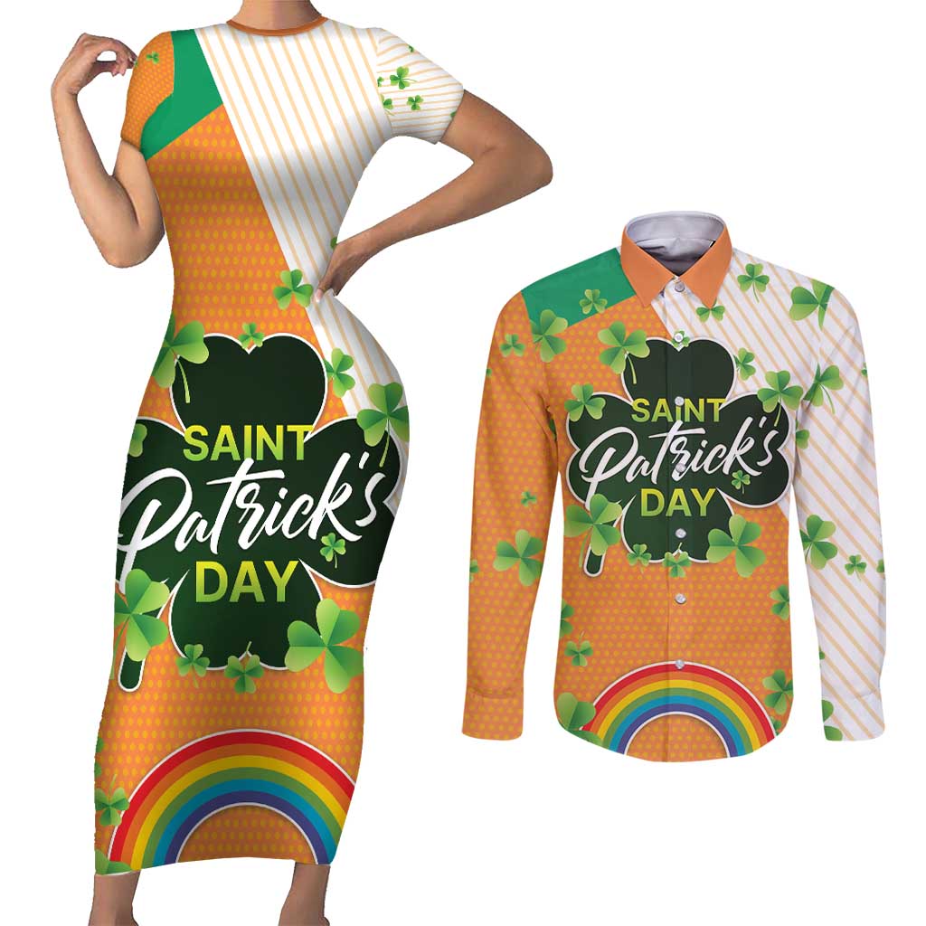 Ireland Irish Leprechaun with Shamrock Couples Matching Short Sleeve Bodycon Dress and Long Sleeve Button Shirt Ireland 17th March Saint Patrick's Day