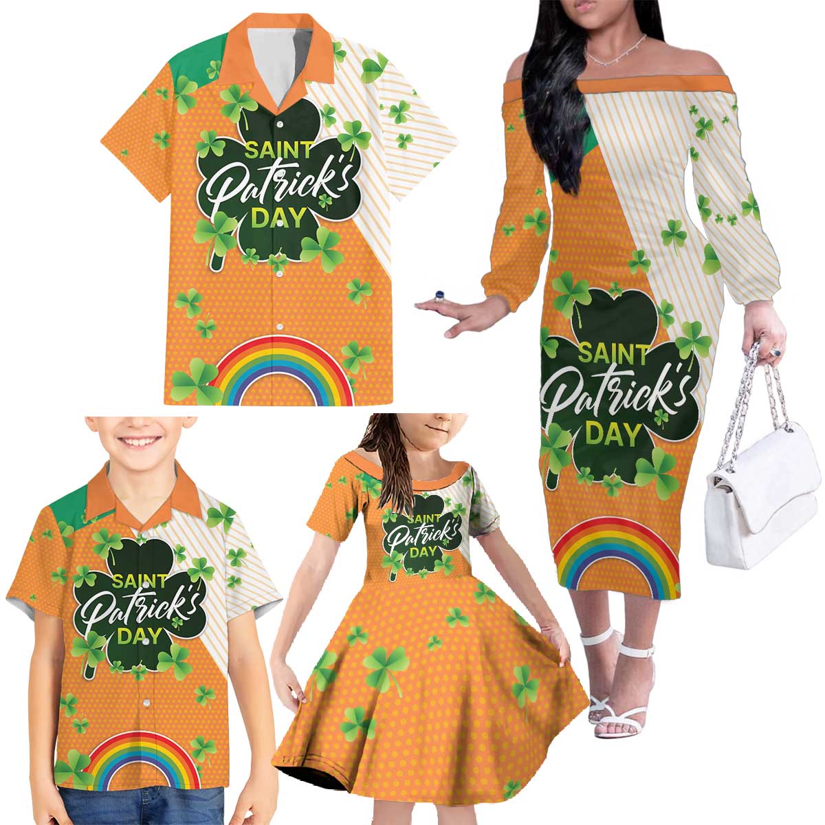 Ireland Irish Leprechaun with Shamrock Family Matching Off The Shoulder Long Sleeve Dress and Hawaiian Shirt Ireland 17th March Saint Patrick's Day