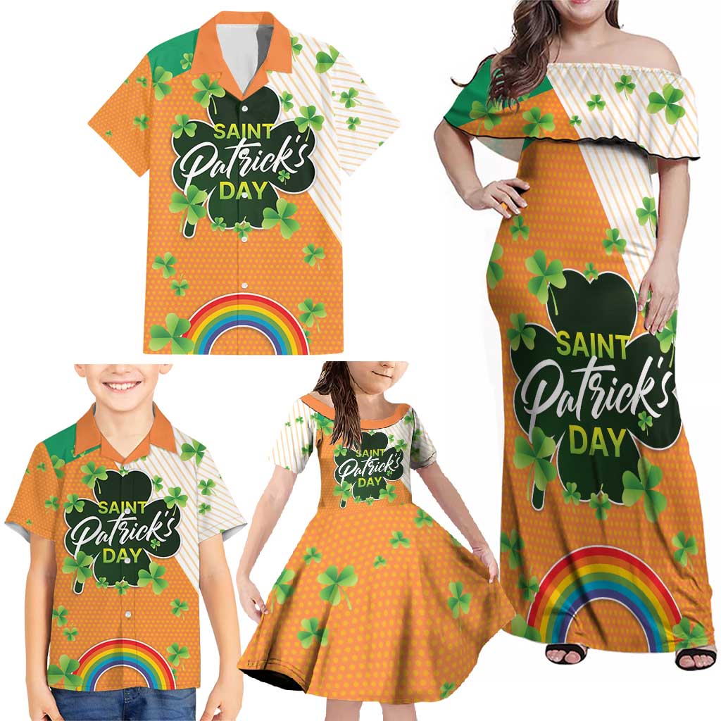 Ireland Irish Leprechaun with Shamrock Family Matching Off Shoulder Maxi Dress and Hawaiian Shirt Ireland 17th March Saint Patrick's Day