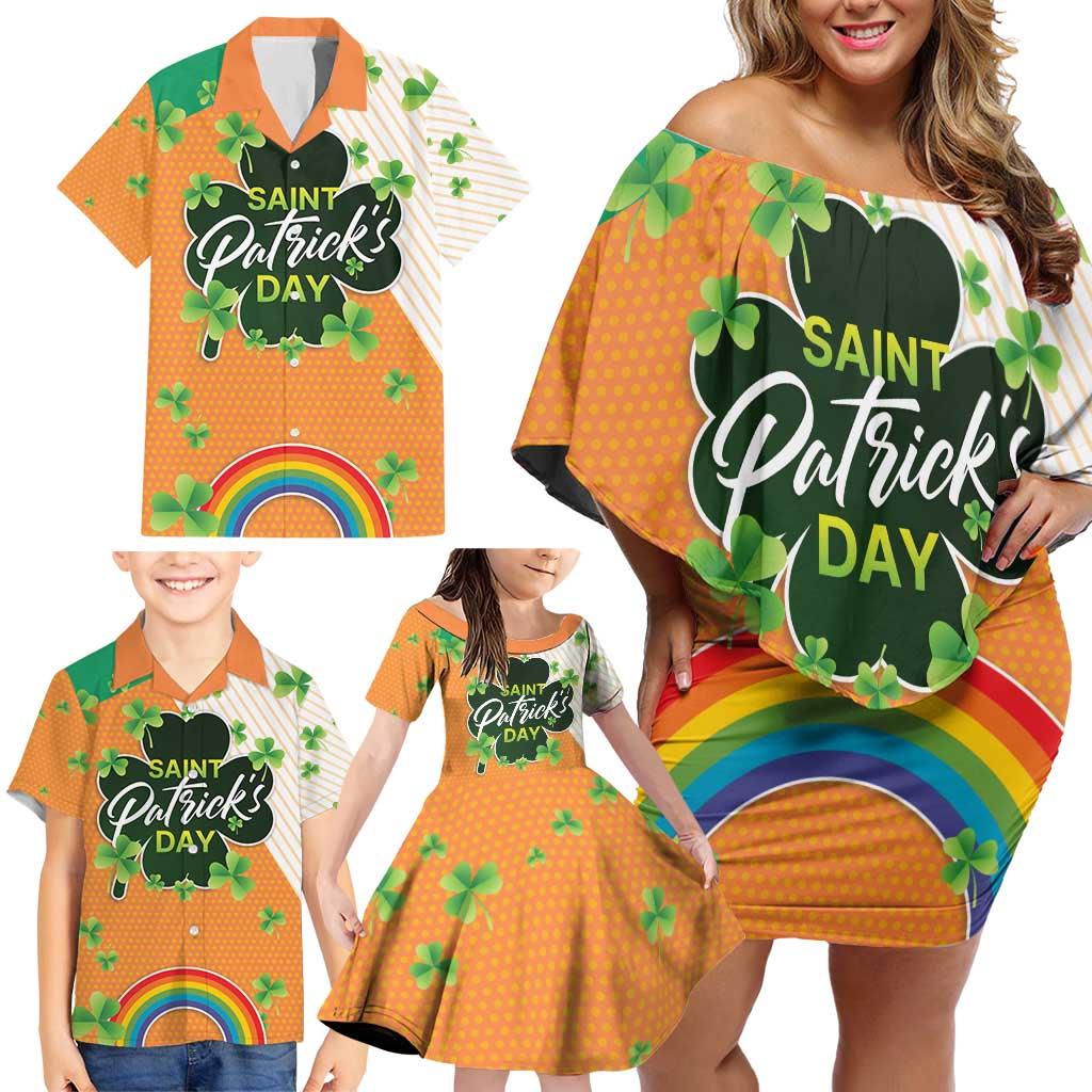 Ireland Irish Leprechaun with Shamrock Family Matching Off Shoulder Short Dress and Hawaiian Shirt Ireland 17th March Saint Patrick's Day